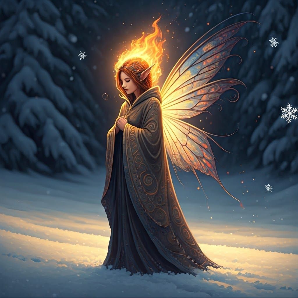 Fire Fairy in Snowy Landscape, Digital Art
