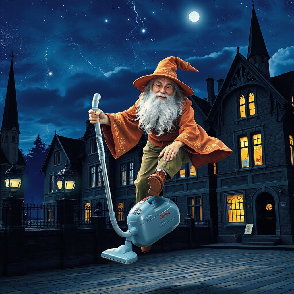 a wizard flying in the night sky on a vacuum cleaner