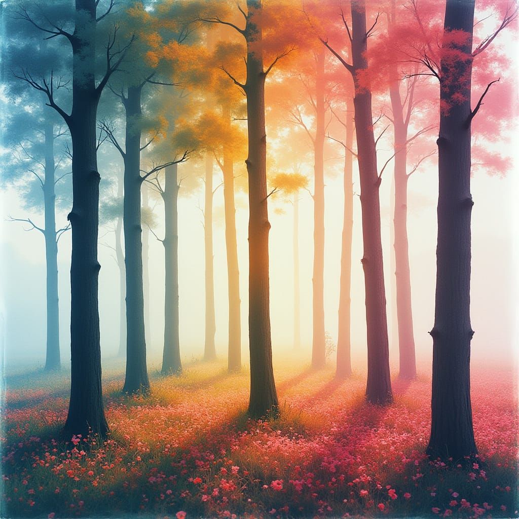 Blooming Garden Double Exposure Within Tree Silhouettes