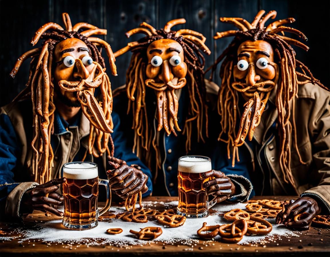 Pretzel People with Pretzel Dreadlocks Drink Beer