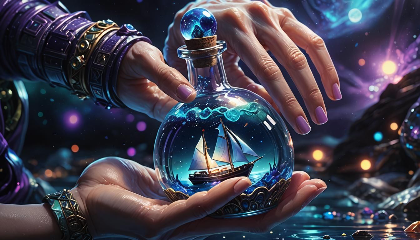 Alien Hand Holding Glowing Bottle with Sailboat