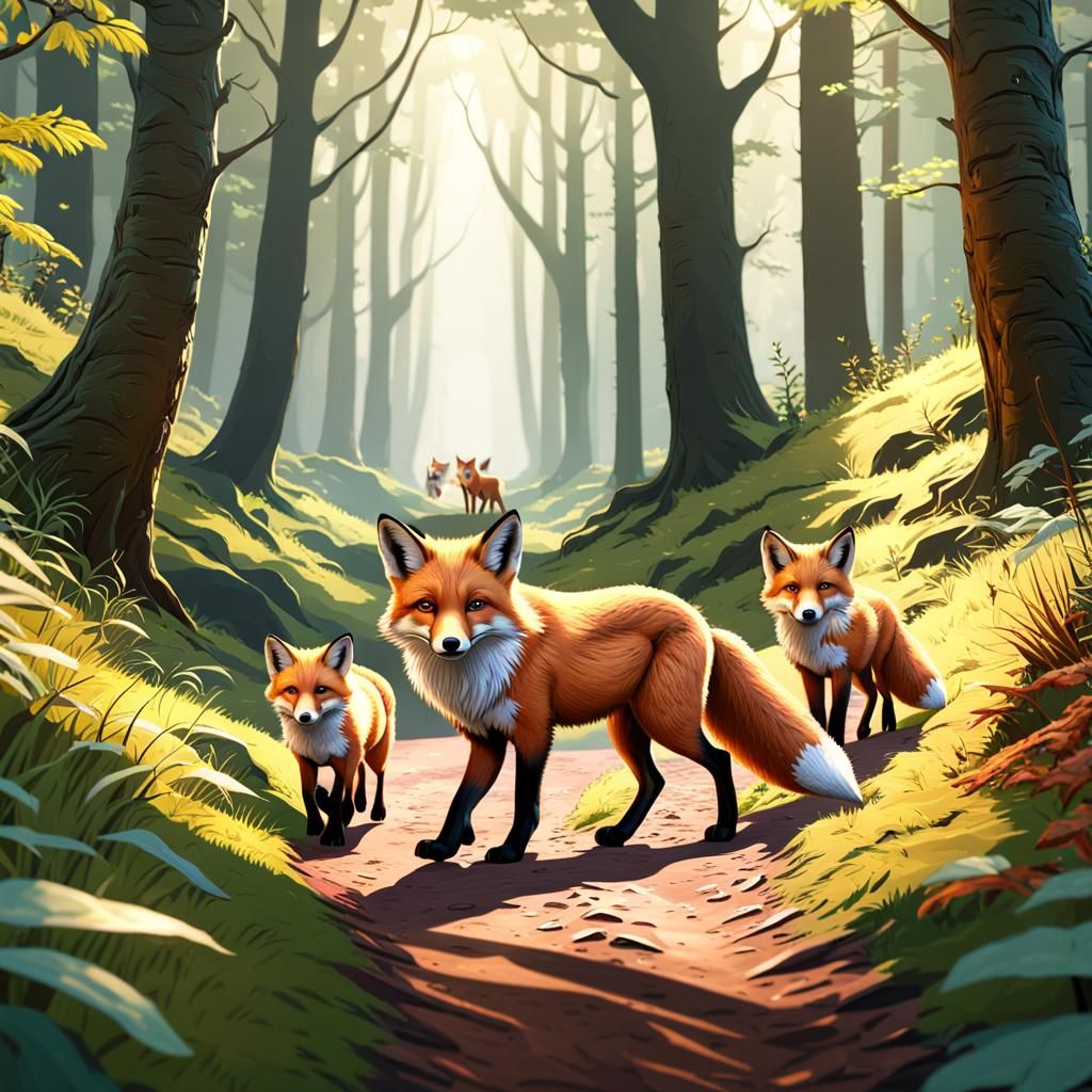 Red Fox Family on Forest Trail in Detailed Digital Art