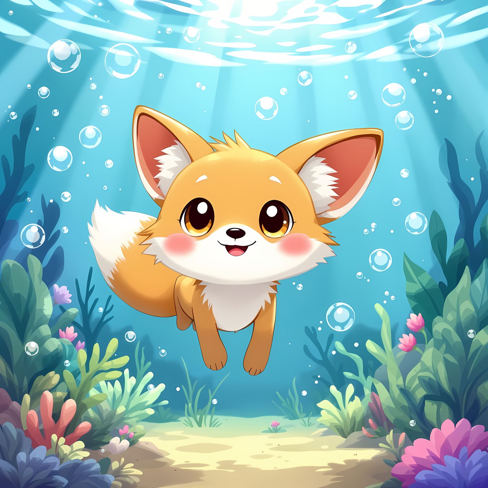 Vibrant Cartoon Fox in Underwater Wonderland
