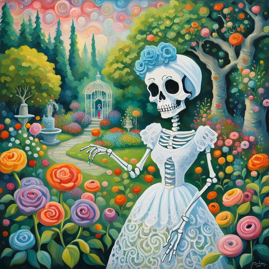 Betty Boop Skeleton in Rococo Garden Oil Painting