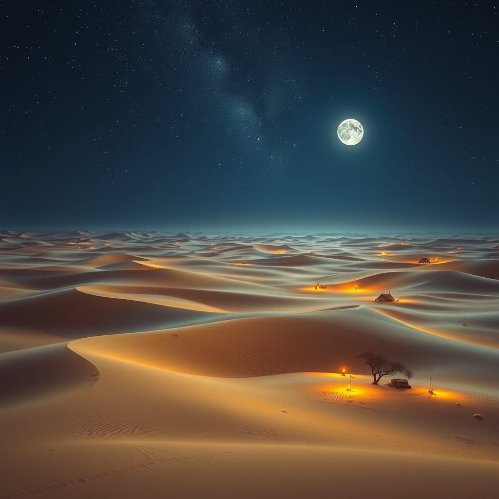 Sahara Desert at Night, Shimmering Under Full Moon