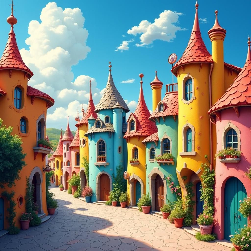 Whimsical Street Scene Inspired by Surrealist Architecture
