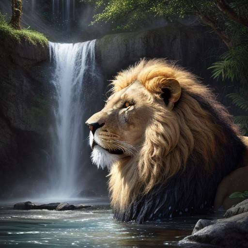 Lion Bathes in Waterfall Under Moonlight