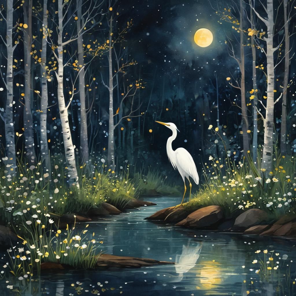 Enchanted Egret in Moonlit Forest: Digital Watercolor