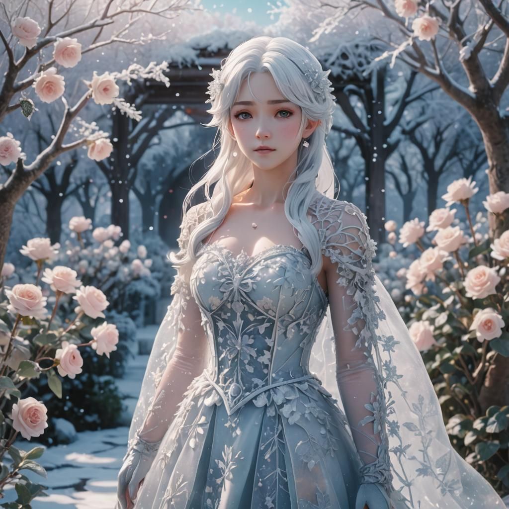 Anime Woman in Ice Garden with Frost Details