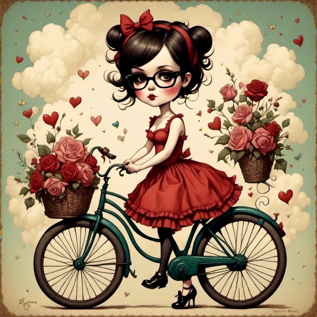 Girl on Bicycle in Surreal Pop Art Style