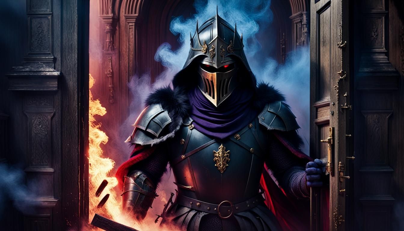Epic Black Knight Enters Door in Medieval Fantasy Film