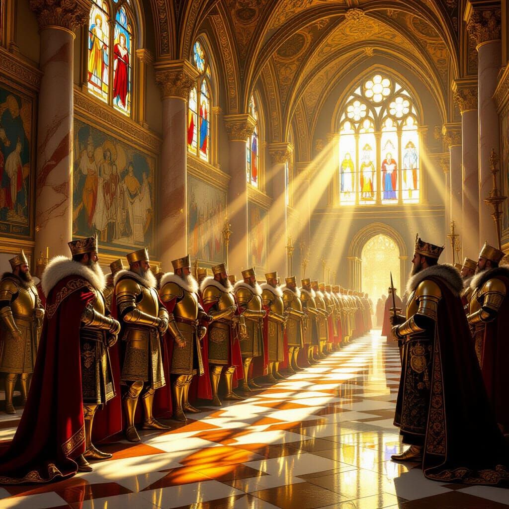 Kingsmen in Opulent Golden Hall, Renaissance Style