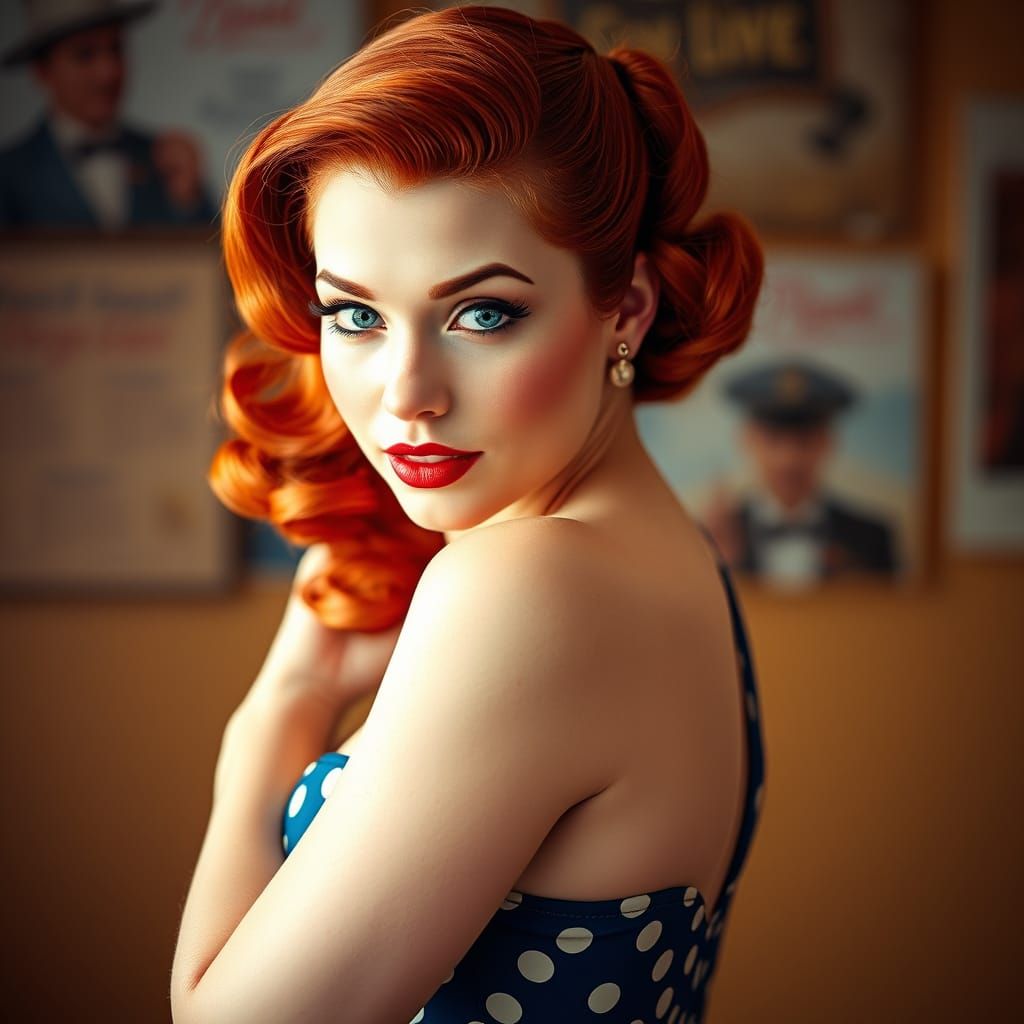 Vintage Pin-Up Woman with Red Hair in Retro Style