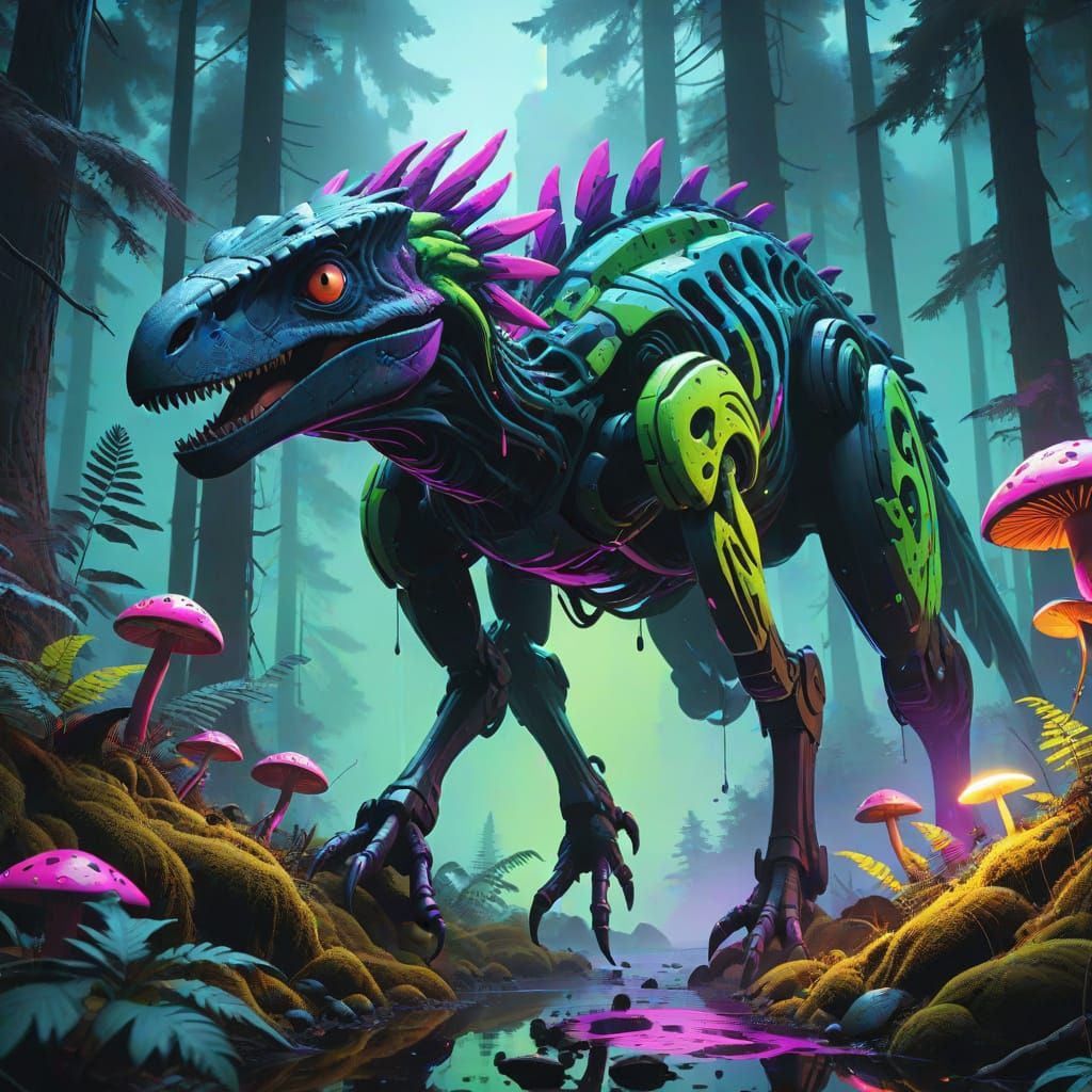 Jurassic Raptor Hunting Beetles in Dark Forest