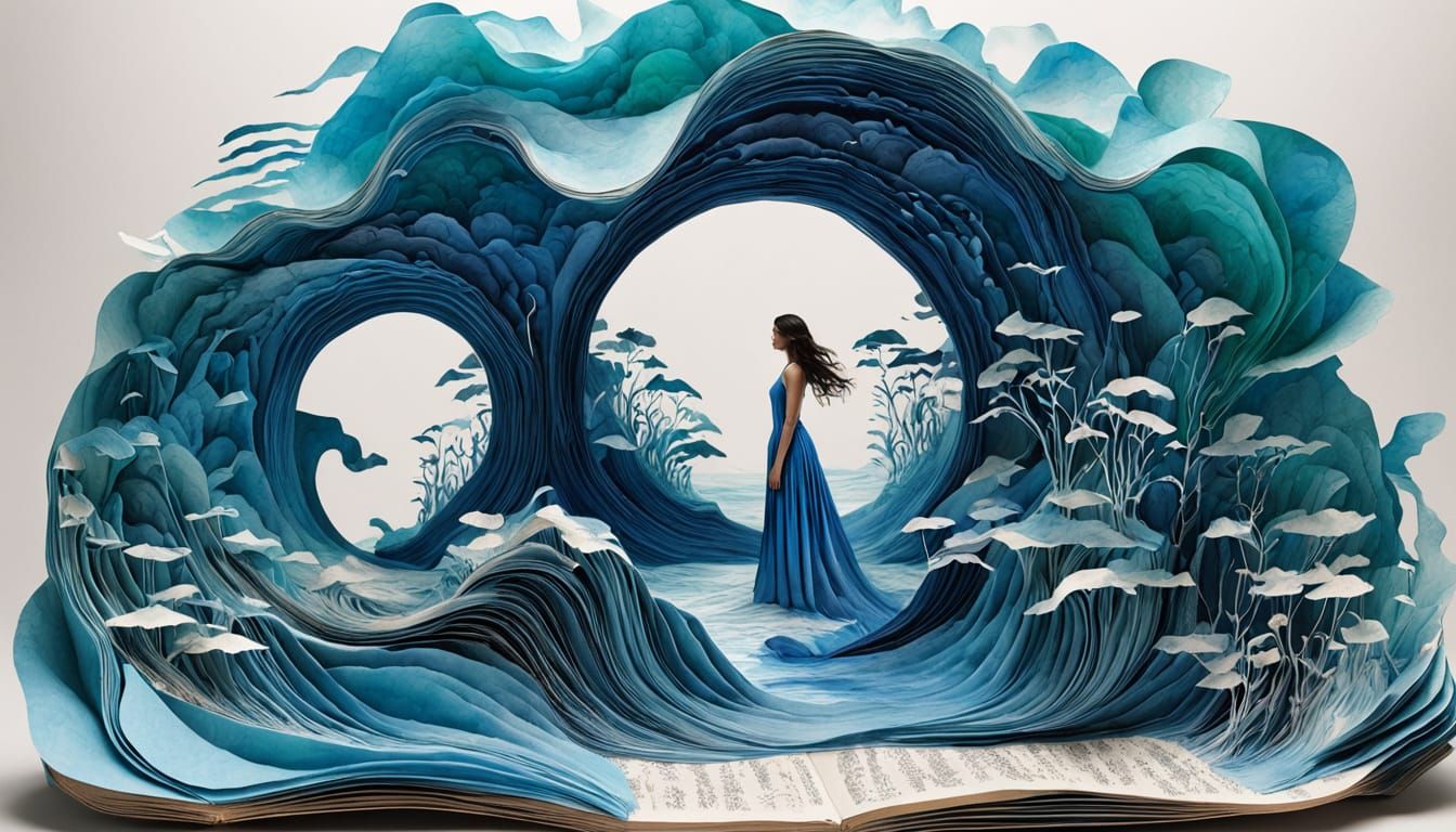 Surreal Kirigami Portrait of a Woman in a Vibrant Blue World
