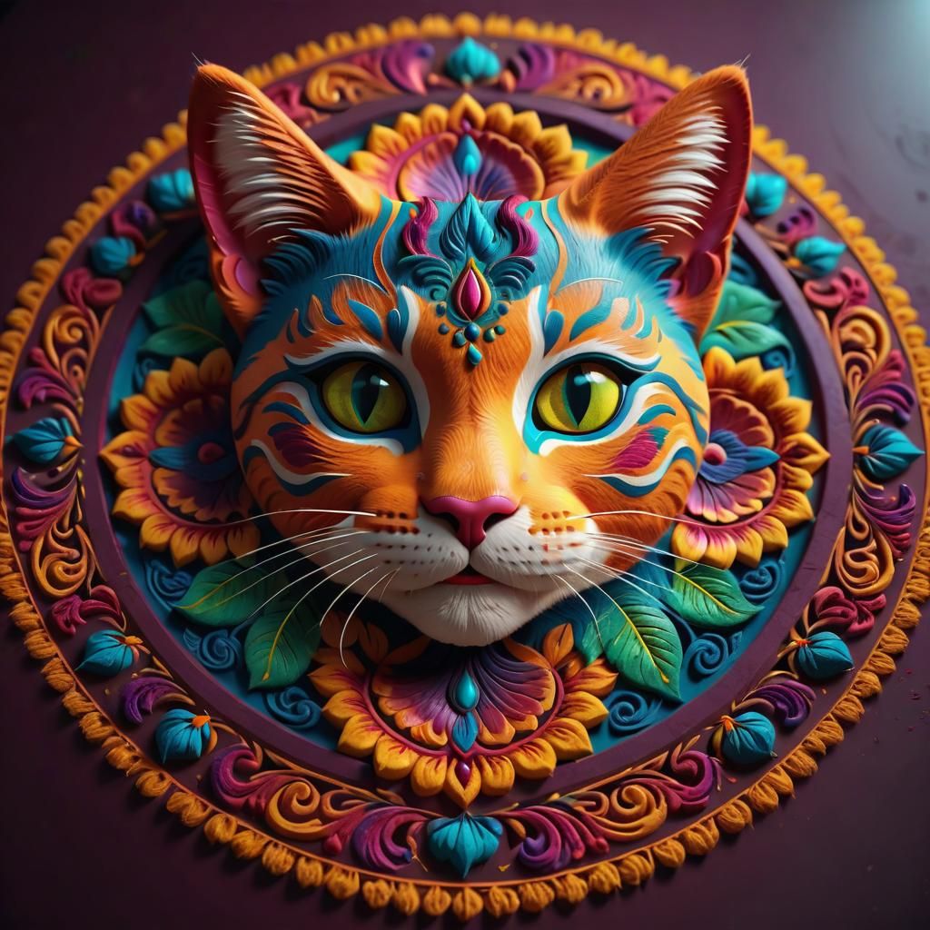 Colorful 3D Cat Rangoli Design