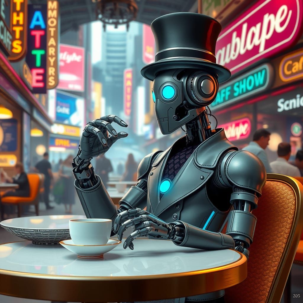 Robot Sipping Tea in Futuristic Cafe, Cyberpunk Style