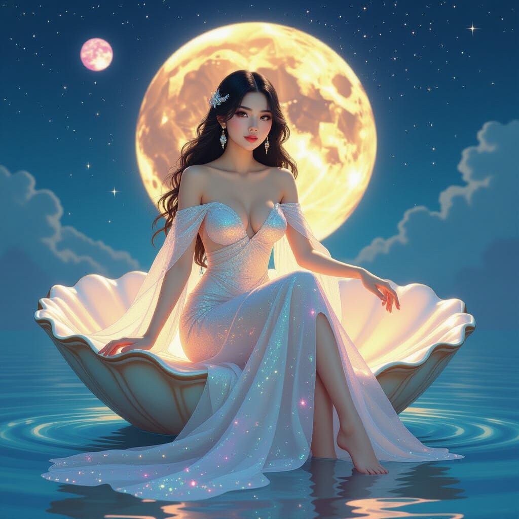 Asian Aphrodite Goddess on Luminous Clam in Fantasy Setting