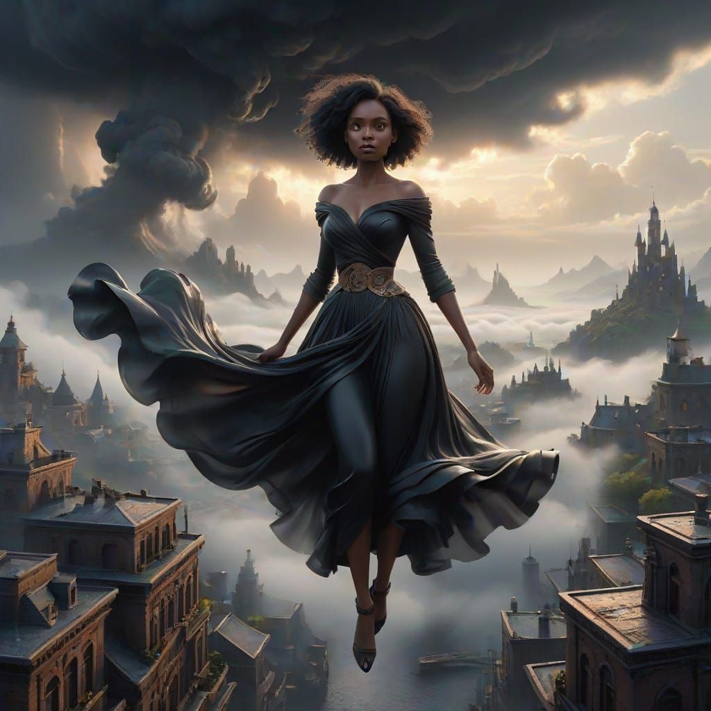 Ethereal Black Cityscape Painting in Moody, Hyperrealistic S...