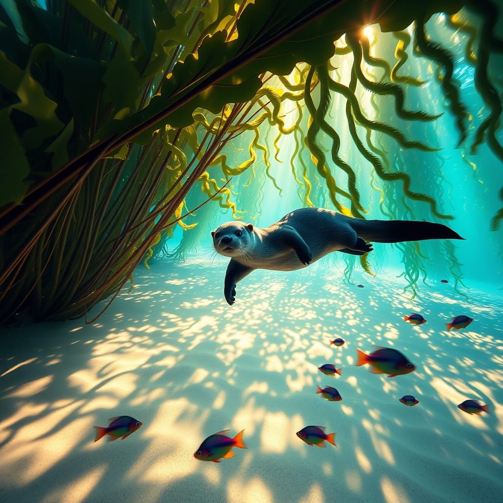 Playful Otter Glides Through Kelp Forest in Cosmic Style