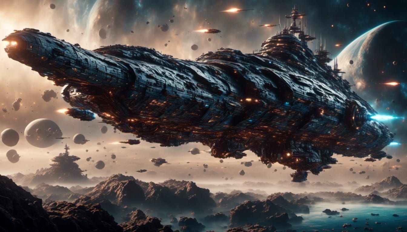 Futuristic Space Battleship Yamato Cruises Through Stars