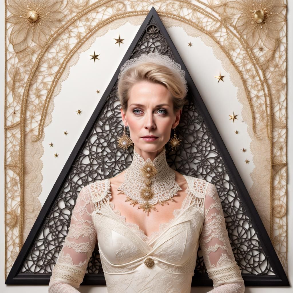 Magazine Cover Portrait with Filigree Pyramid and Lace