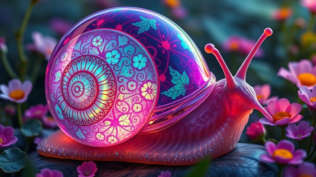 Enchanting Glass Snail with Holographic Fractal Garden