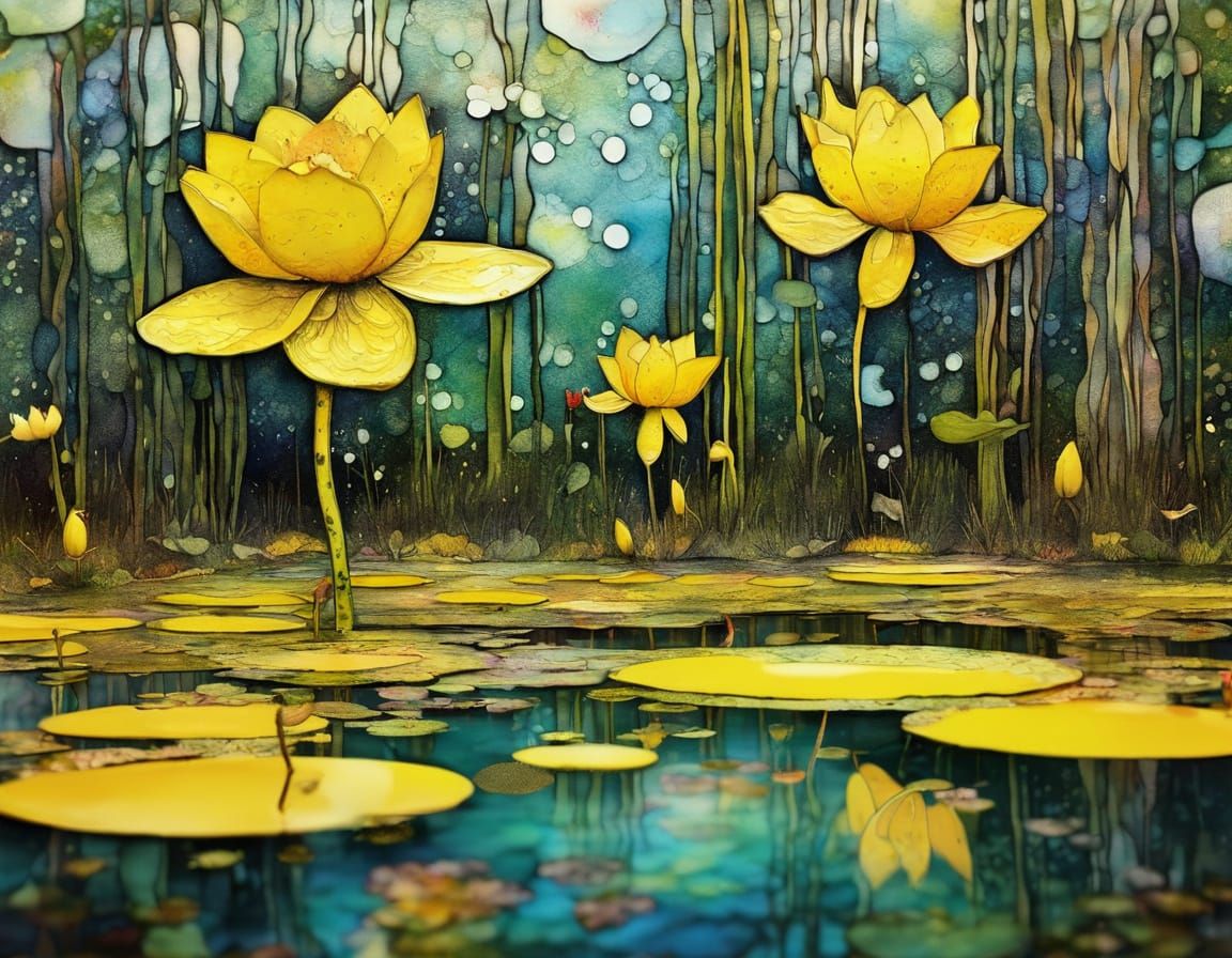 Yellow Pond Lilies in Flowering Marsh, Mixed Media Art