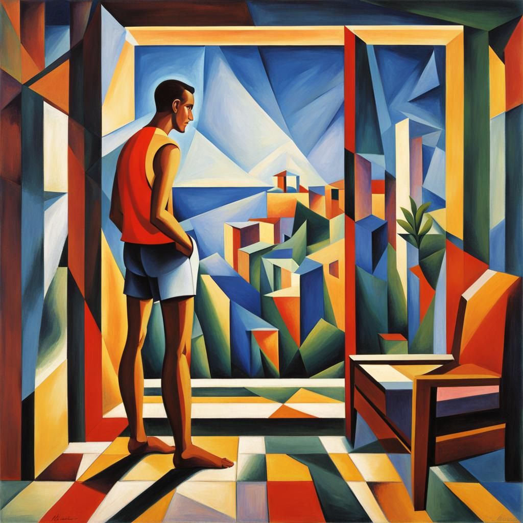 Cubist Man Gazing Out Window in Abstract Style