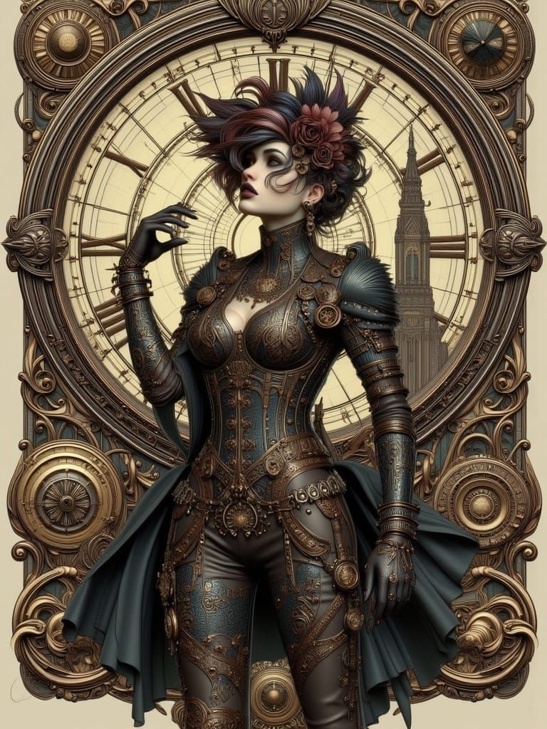 Cat Woman in Steampunk Style Industrial Cityscape