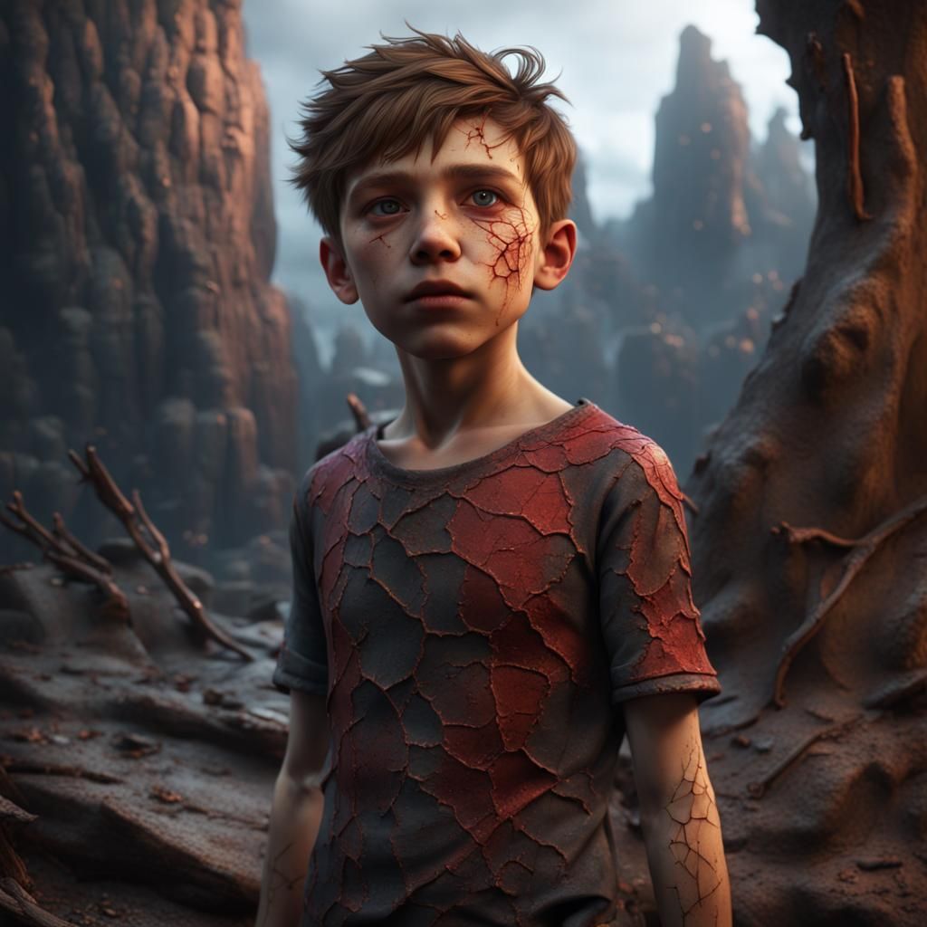 Boy with Cracked Skin: Detailed Fantasy Art