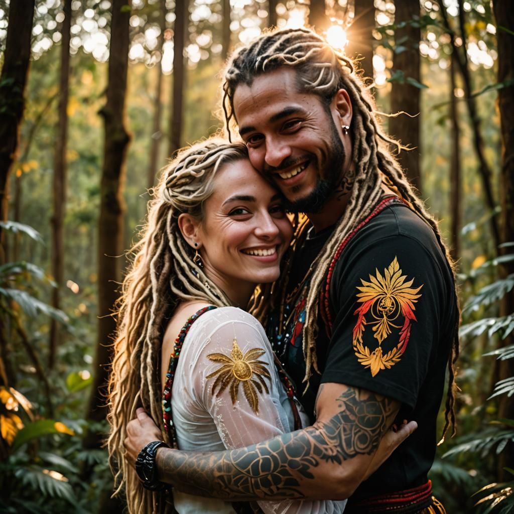 long blond dreadlock Rasta hair, White-skinned European girl, With husband, Smiling and Hugging, Tattoos made of light f...
