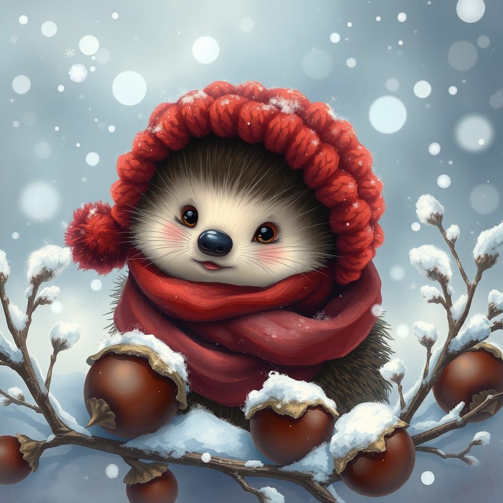 Impressionist Winter Scene with Cozy Hedgehog in Burgundy Sc...