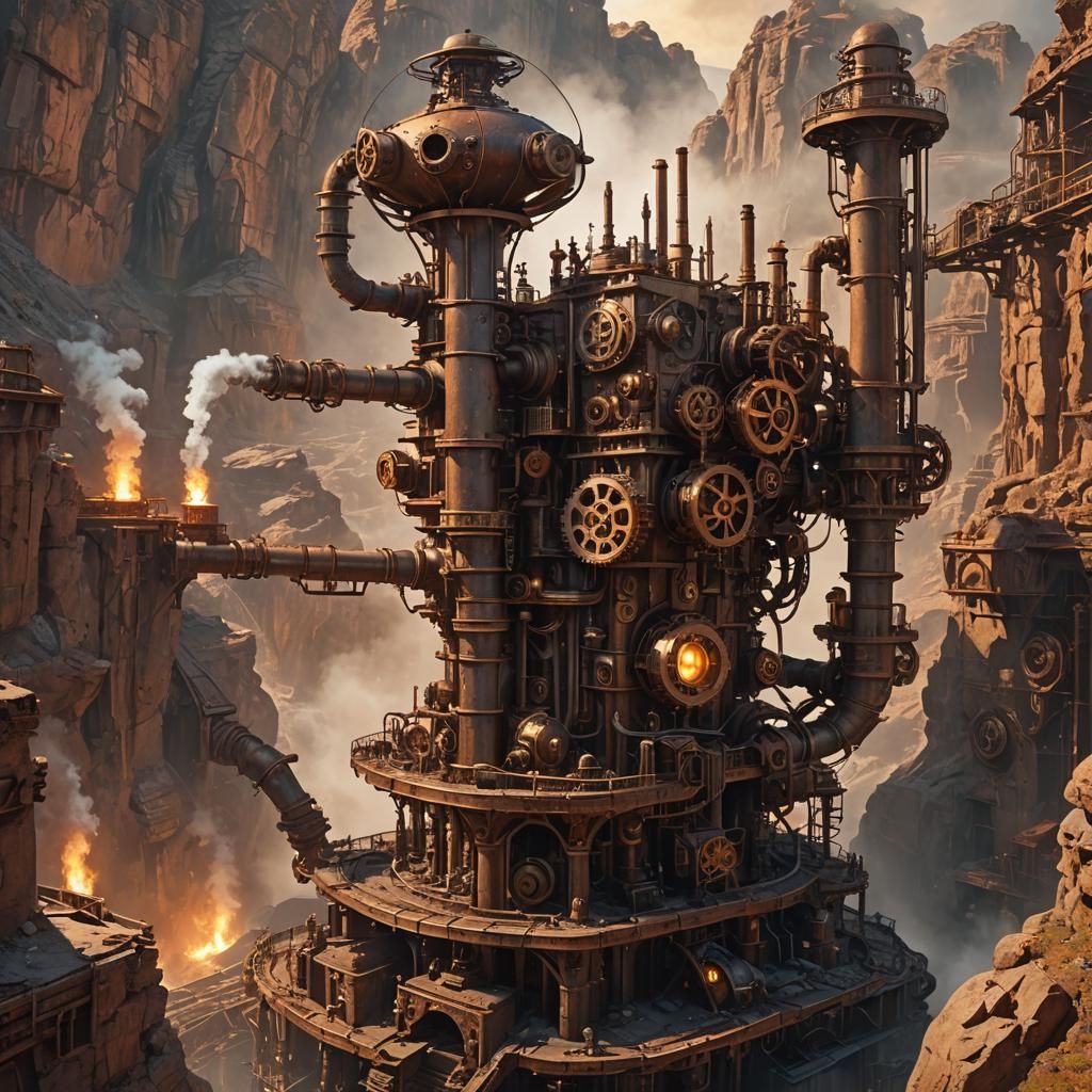 Steampunk Alien Structure in Rocky Canyon at Dawn