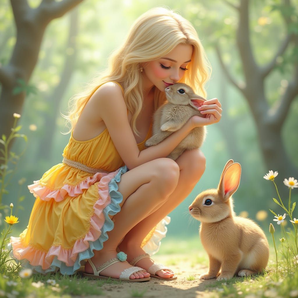 Serene Woman in Vibrant Sundress with Rabbit, in Smooth Cart...