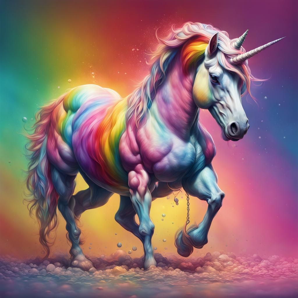 Muscular Rainbow Unicorn Weightlifting: Hyperrealistic Splas...