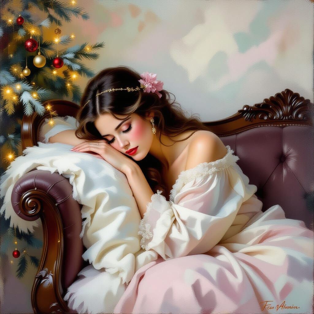 Cozy Interior Scene: Woman Resting in Luminous Christmas Amb...