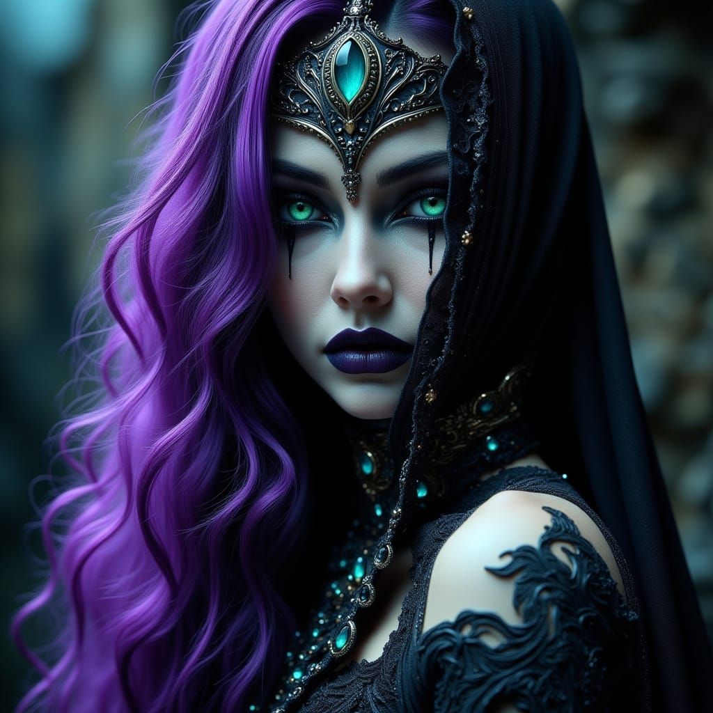 Gothic Beauty in Mysterious Portrait with Rich Purple Hair a...
