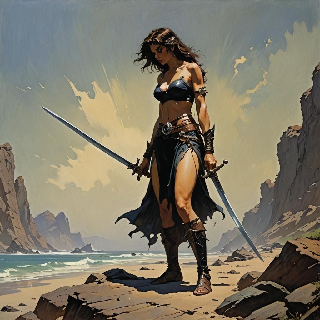 Sensual Woman on Coast in Fantasy Illustration Style