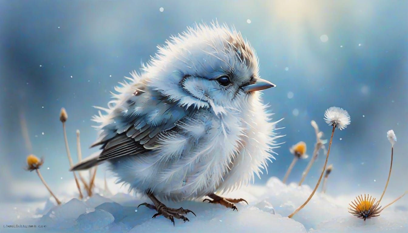 Fluffy Baby Bird on Ice in Whimsical Watercolor Style