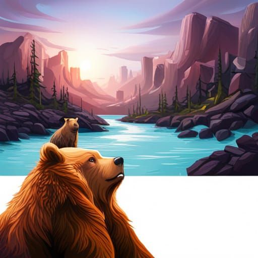 Grizzly Bears in Colorful Graffiti Fantasy Landscape
