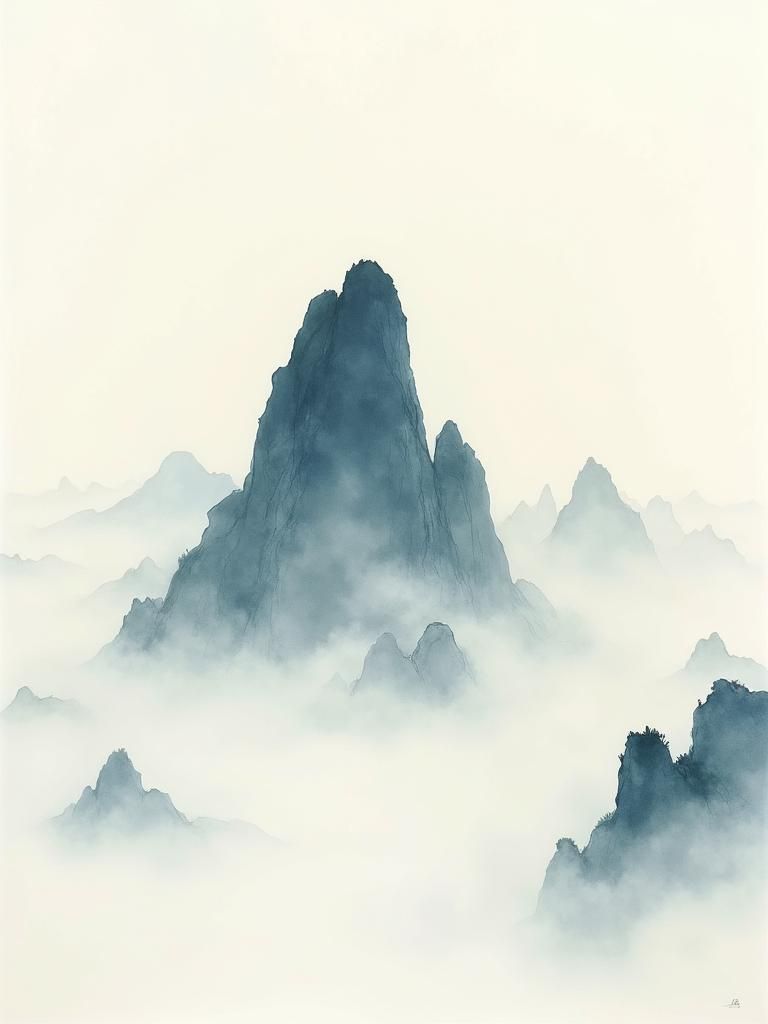 Ethereal Mountain in China Ink Watercolor Style