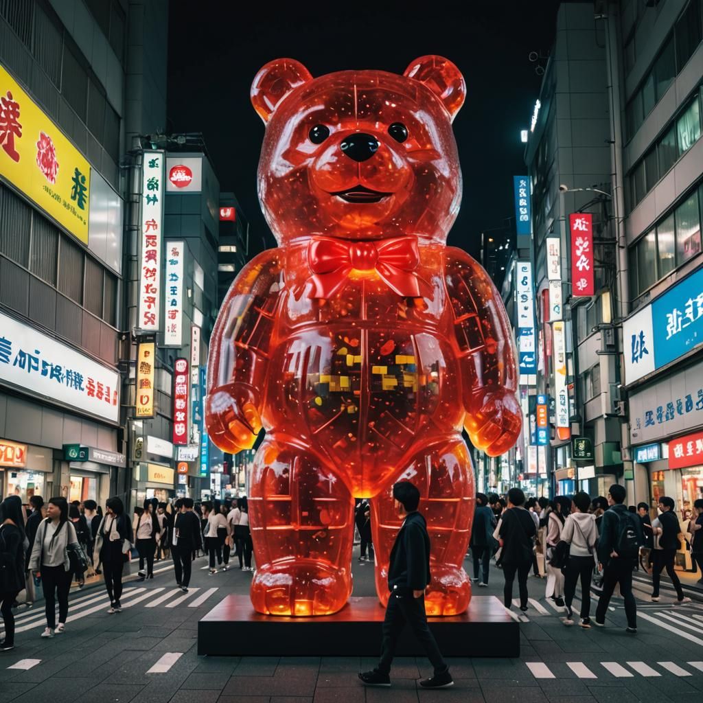 Giant Gummy Bear Walks Through Tokyo Night