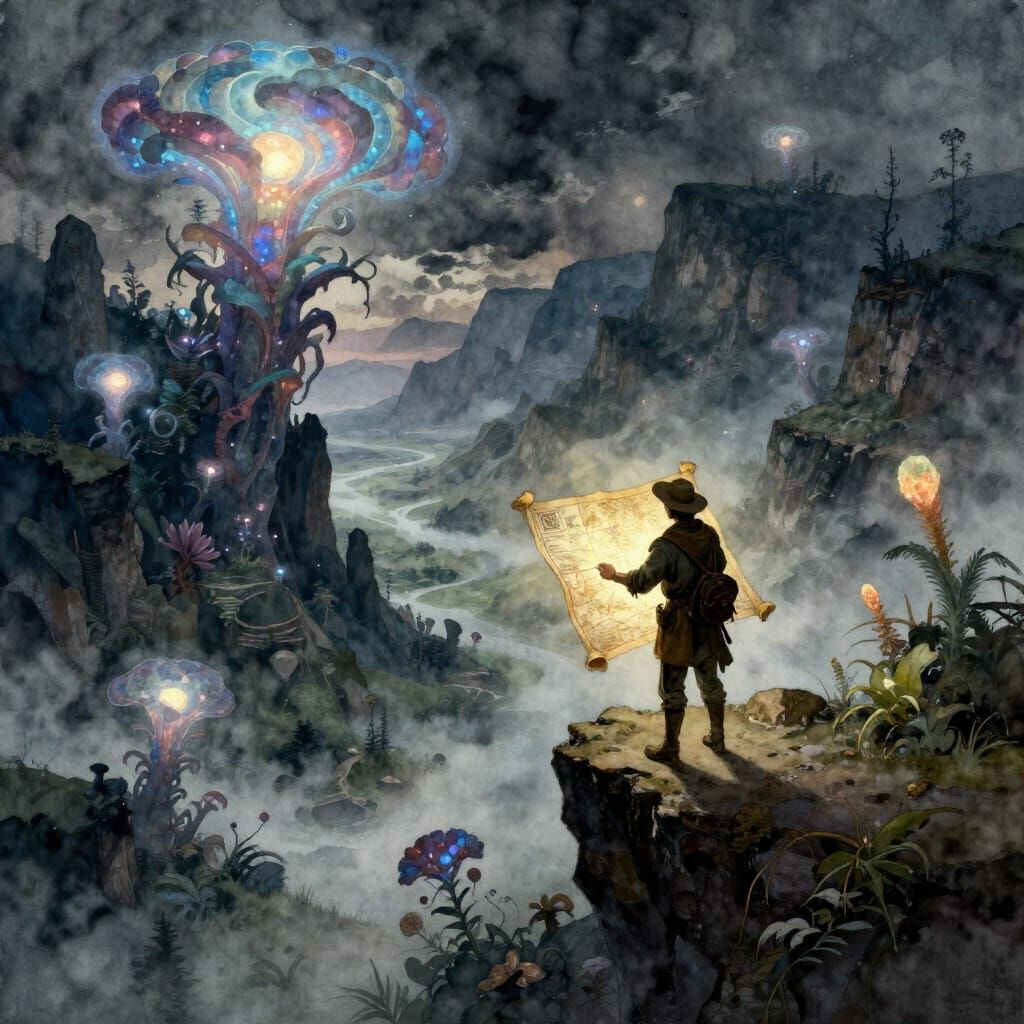 Lone Cartographer on Cliff Edge with Glowing Map