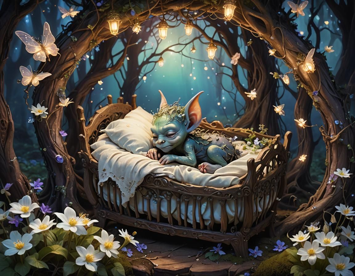 Sleeping Goblin Infant in Mystical Forest