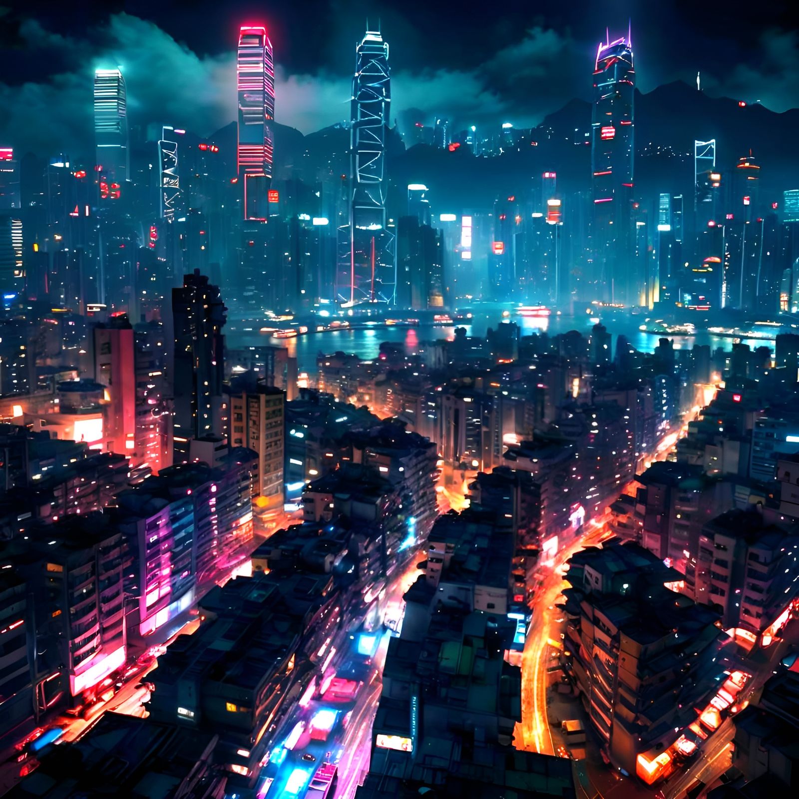 Hong Kong at Night: Cyberpunk Kowloon Cityscape