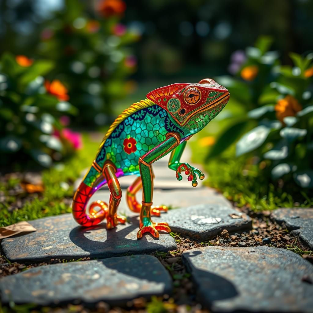 Colorful Glass Chameleon Figurine on Stone Path