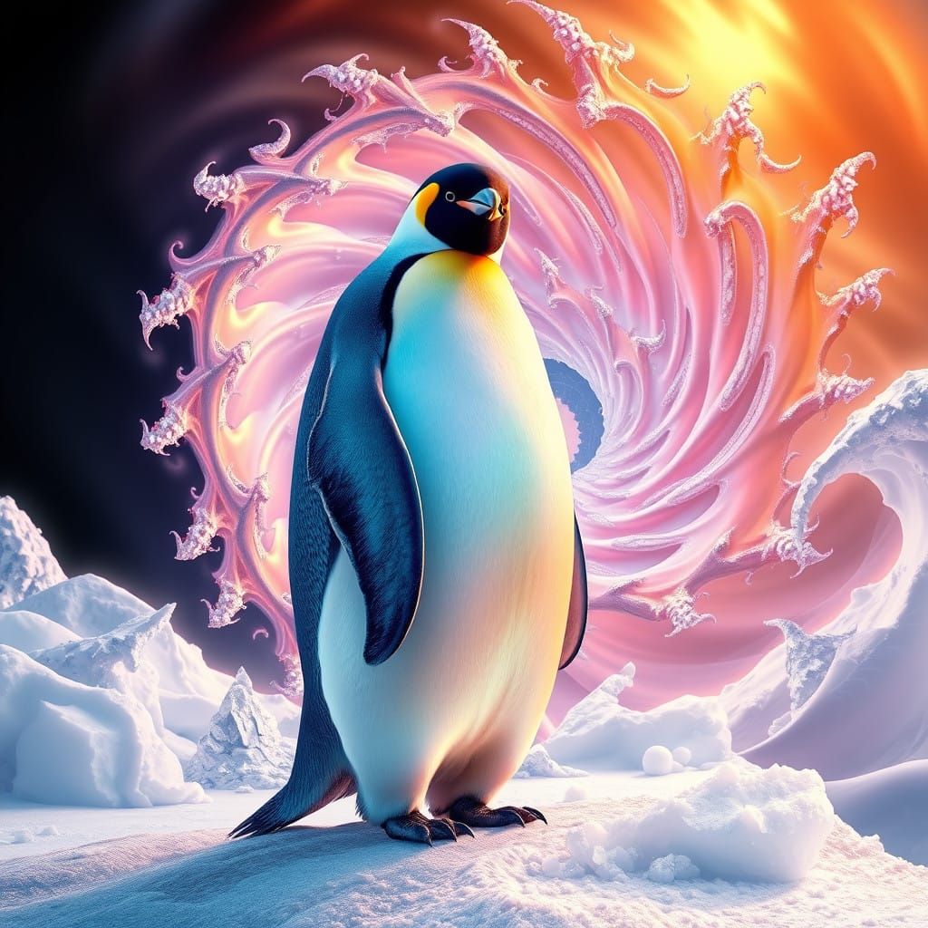 a beautiful frozen fractal made from opalescent glassy looking emperor penguin looking at the camera on the ice in the A...