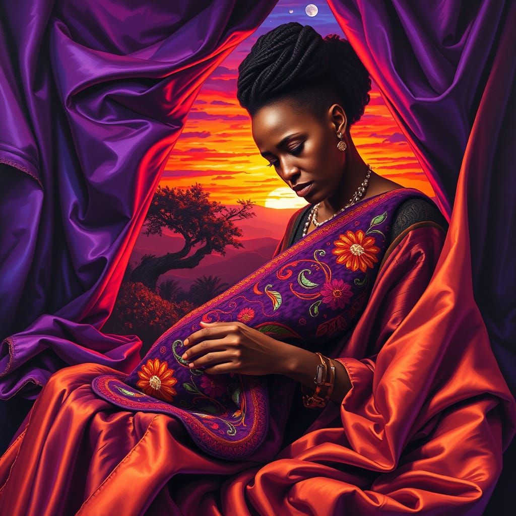 Woman in Vibrant African Sunset Quilting Scene, in Mixed Med...