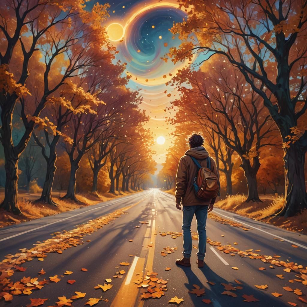 Lone Traveler on Astral Highway in Dreamy Illustration